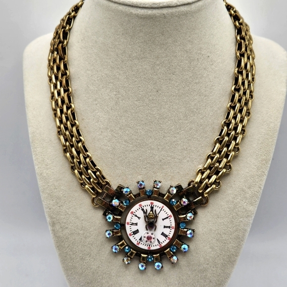 Betsey Johnson Time Flies Clock Aurora Borealis Rhinestone Statement Necklace - Picture 1 of 8